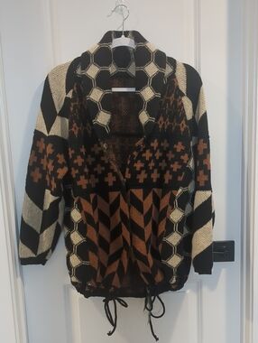 Boho Patchwork Knit Cardigan Sweater | Black, Cream & Brown | Women's One Size